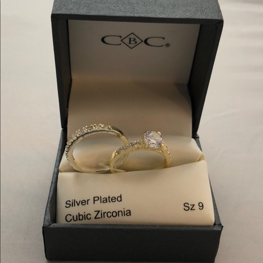 CBC women two piece silver plated cubic zirconia ring size 9 new